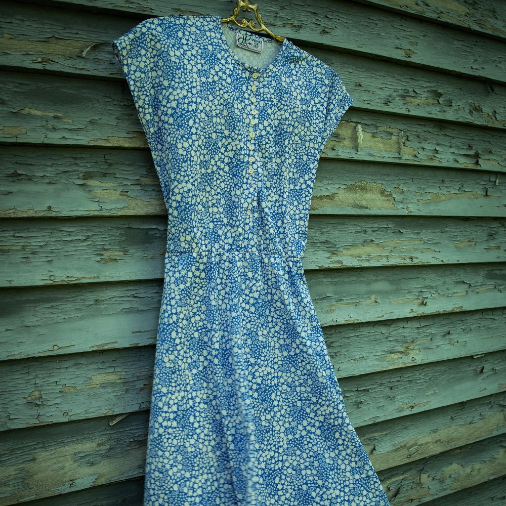 Vintage Blue and White Floral Print Dress